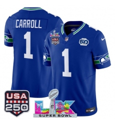 Men's Seattle Seahawks #1 Pete Carroll Royal 2025 F.U.S.E. Super Bowl LX And 50th Season & USA 250 Vapor Throwback Limited Football Stitched Jersey