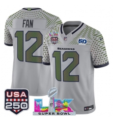 Men's Seattle Seahawks #12 Fan Gray 2025 F.U.S.E. Super Bowl LX & US 250th anniversary And 50th Season“Rivalries” Vapor Limited Football Stitched Jersey