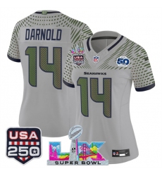 Women's Seattle Seahawks #14 Sam Darnold Gray 2025 F.U.S.E. Super Bowl LX & US 250th anniversary And 50th Season“Rivalries” Vapor Limited Football Stitched