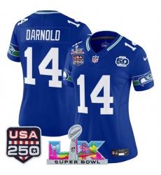 Women's Seattle Seahawks #14 Sam Darnold Royal 2025 F.U.S.E. Super Bowl LX And 50th Season & USA 250 Vapor Throwback Limited Stitched Football Jersey
