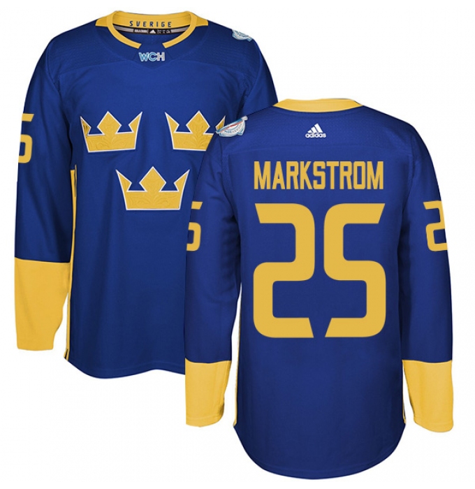 Men's Adidas Team Sweden #25 Jacob Markstrom Premier Royal Blue Away 2016 World Cup of Hockey Jersey