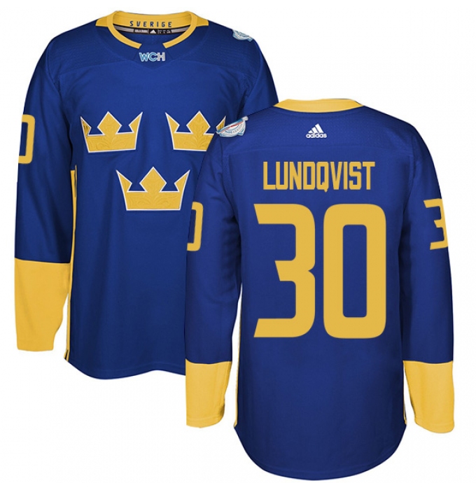 Men's Adidas Team Sweden #30 Henrik Lundqvist Authentic Royal Blue Away 2016 World Cup of Hockey Jersey