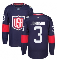 Men's Adidas Team USA #3 Jack Johnson Authentic Navy Blue Away 2016 World Cup Ice Hockey Jersey