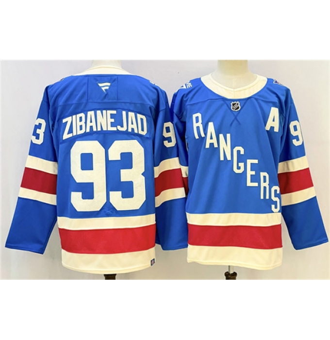 Men's New York Rangers #93 Mika Zibanejad Blue With A Stitched Hockey Jersey