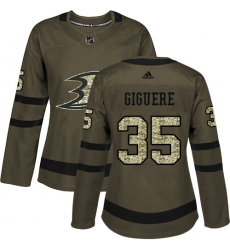 Women's Adidas Anaheim Ducks #35 Jean-Sebastien Giguere Authentic Green Salute to Service NHL Jersey