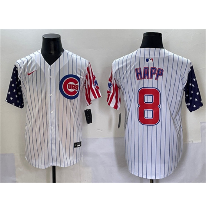 Men's Chicago Cubs #8 Ian Happ White Pinstripe 2025 Independence Day Vapor Premier Limited Stitched Baseball Jersey