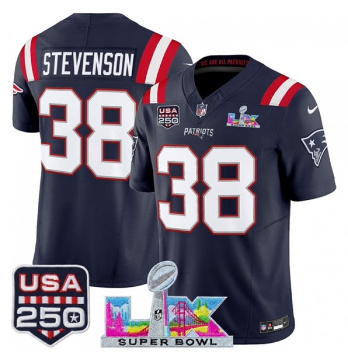 Men's New England Patriots #38 Rhamondre Stevenson Navy 2025 F.U.S.E. Super Bowl LX And USA 250 Vapor Limited Football Stitched Jersey