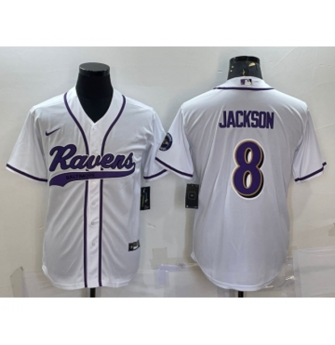 Men's Baltimore Ravens #8 Lamar Jackson White With Patch Cool Base Stitched Baseball Jersey