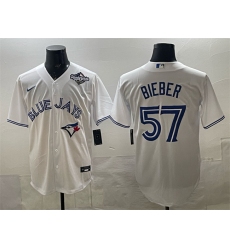 Men's Toronto Blue Jays #57 Shane Bieber White 2025 World Series Home Cool Base Stitched Baseball Jersey