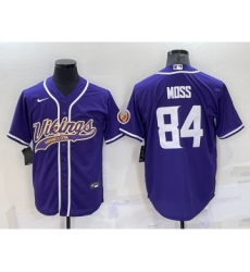 Men's Minnesota Vikings #84 Randy Moss Purple With Patch Cool Base Stitched Baseball Jersey