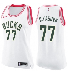 Women's Nike Milwaukee Bucks #77 Ersan Ilyasova Swingman White  Pink Fashion NBA Jersey