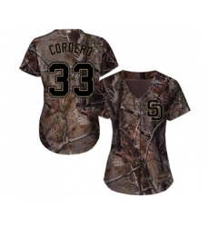 Women's San Diego Padres #33 Franchy Cordero Authentic Camo Realtree Collection Flex Base Baseball Jersey
