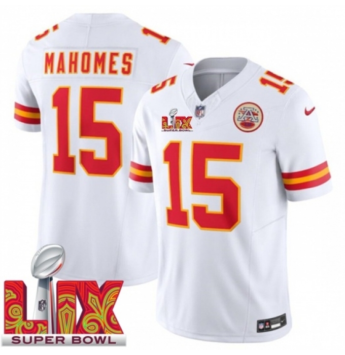 Men's Kansas City Chiefs Patrick Mahomes #15 White 2024 2025 Super Bowl LIX F U S E Stitched Jersey