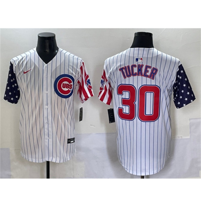 Men's Chicago Cubs #30 Kyle Tucker White Pinstripe 2025 Independence Day Vapor Premier Limited Stitched Baseball Jersey