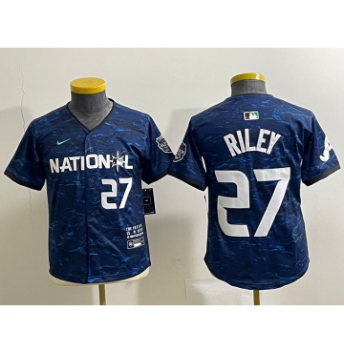 Youth Nike Atlanta Braves #27 Austin Riley Number Royal 2023 All Star Cool Base Stitched Baseball Jersey