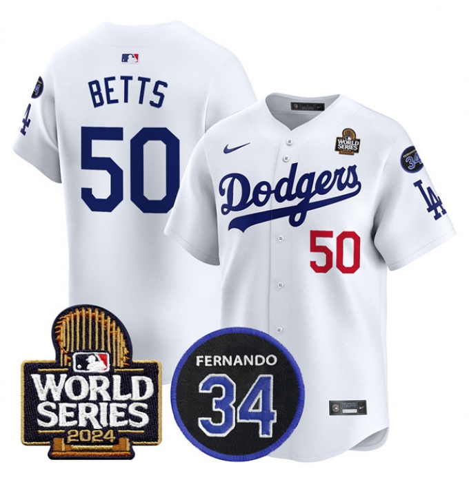 Men's Los Angeles Dodgers #50 Mookie Betts White 2024 World Series With Fernando Memorial Limited Stitched Baseball Jersey