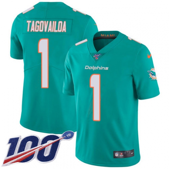 Men's Miami Dolphins #1 Tua Tagovailoa Aqua Green Team Color Stitched 100th Season Vapor Untouchable Limited Jersey