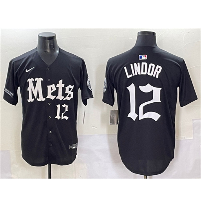 Men's New York Mets #12 Francisco Lindor Black 'Gotham Gothic Edition' Vapor Premier Limited Stitched Baseball Jersey