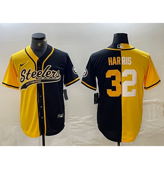 Men's Pittsburgh Steelers #22 Najee Harris Yellow Black Split With Cool Base Stitched Baseball Jersey