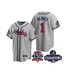 Men's Atlanta Braves #1 Ozzie Albies 2021 Grey World Series Champions With 150th Anniversary Patch Cool Base Stitched Jersey