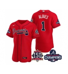 Men's Atlanta Braves #1 Ozzie Albies 2021 Red World Series Champions With 150th Anniversary Flex Base Stitched Jers