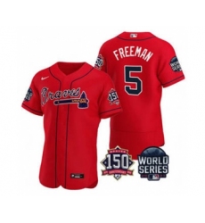 Men's Atlanta Braves #5 Freddie Freeman 2021 Red World Series Flex Base With 150th Anniversary Patch Baseball Jersey