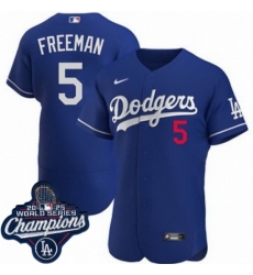 Men's Los Angeles Dodgers 5 Freddie Freeman Cool Base 2025 World Champions Stitched Baseball Jersey Blue