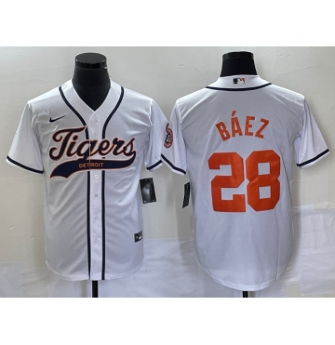 Men's Detroit Tigers #28 Javier Báez White Cool Base Stitched Baseball Jersey