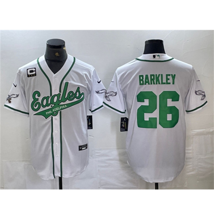 Men's Philadelphia Eagles #26 Saquon Barkley White With 3-star C Cool Base Baseball Stitched Jerseys