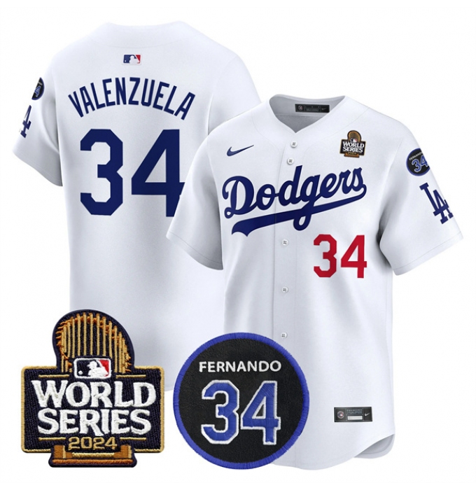 Men's Los Angeles Dodgers #34 Toro Valenzuela White 2024 World Series With Fernando Memorial Limited Stitched Baseball Jersey