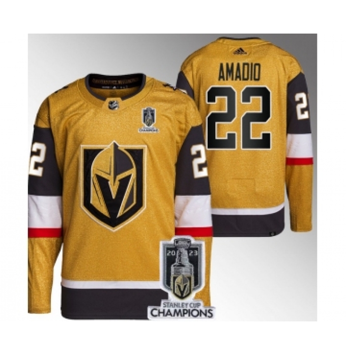 Men's Vegas Golden Knights #22 Michael Amadio Gold 2023 Stanley Cup Champions Stitched Jersey
