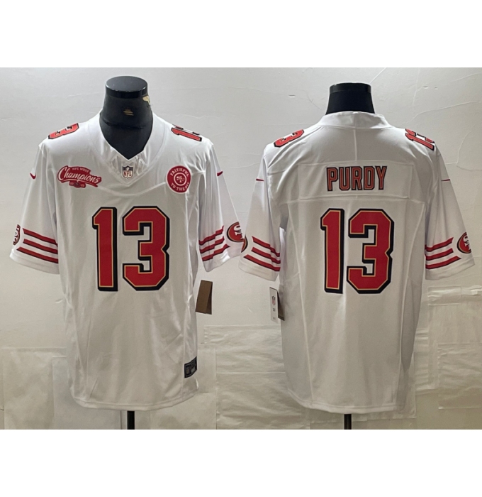 Men's San Francisco 49ers #13 Brock Purdy White 2023 FUSE NFC West Champions Throwback Stitched Jersey