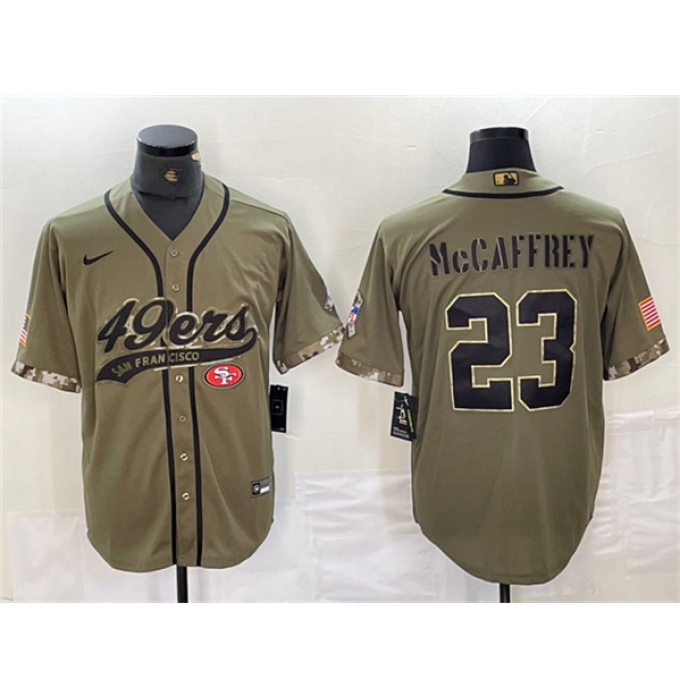 Men's San Francisco 49ers #23 Christian McCaffrey Olive Salute to Service With Cool Base Stitched Baseball Jersey