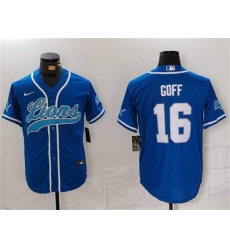 Men's Detroit Lions #16 Jared Goff Blue Cool Base Stitched Baseball Jersey