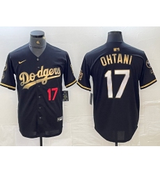 Mens Los Angeles Dodgers #17 Shohei Ohtani Number Black Gold Stitched Cool Base Nike Jersey