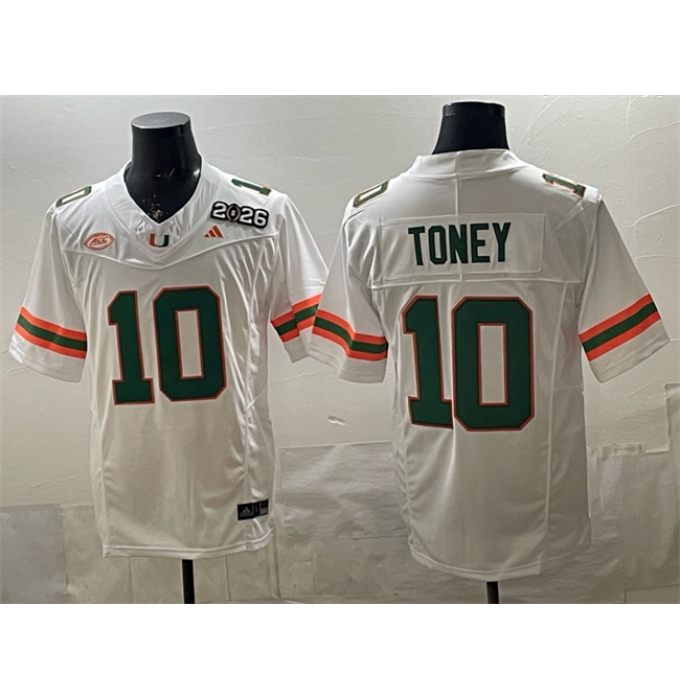 Men's Miami Hurricanes #10 Malachi Toney White F.U.S.E. 2026 & Florida Patch Stitched Football Jersey