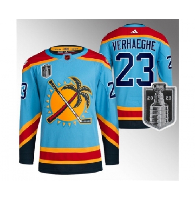 Men's Florida Panthers #23 Carter Verhaeghe Blue 2023 Stanley Cup Final Reverse Retro Stitched Jersey