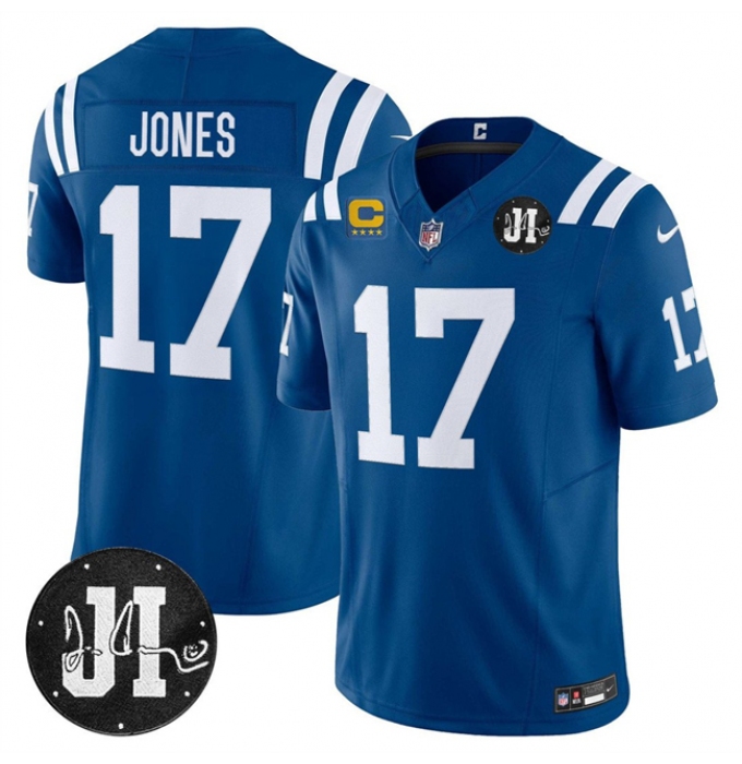 Men's Indianapolis Colts #17 Daniel Jones Blue 2025 F.U.S.E. With 4-Star C And Jim Irsay Vapor Limited Football Stitched Jersey