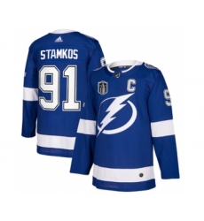 Men's Tampa Bay Lightning #91 Steven Stamkos 2022 Blue Stanley Cup Final Patch Stitched Jersey