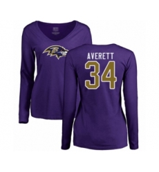 Football Women's Baltimore Ravens #34 Anthony Averett Purple Name & Number Logo Long Sleeve T-Shirt