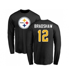 Football Pittsburgh Steelers #12 Terry Bradshaw Black Name & Number Logo Long Sleeve T-Shirt