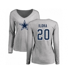 Football Women's Dallas Cowboys #20 George Iloka Ash Name & Number Logo Slim Fit Long Sleeve T-Shirt