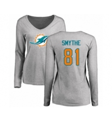 Football Women's Miami Dolphins #81 Durham Smythe Ash Name & Number Logo Long Sleeve T-Shirt
