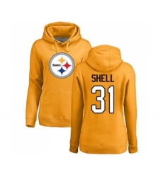 Football Women's Pittsburgh Steelers #31 Donnie Shell Gold Name & Number Logo Pullover Hoodie
