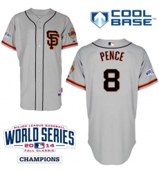 Youth Majestic San Francisco Giants #8 Hunter Pence Replica Grey Road 2 Cool Base w/2014 World Series Patch MLB Jersey