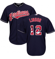 Men's Majestic Cleveland Indians #12 Francisco Lindor Authentic Navy Blue Team Logo Fashion Cool Base MLB Jersey