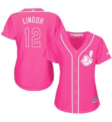 Women's Majestic Cleveland Indians #12 Francisco Lindor Authentic Pink Fashion Cool Base MLB Jersey