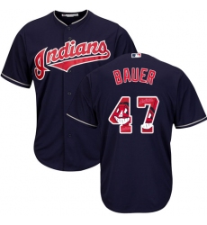 Men's Majestic Cleveland Indians #47 Trevor Bauer Authentic Navy Blue Team Logo Fashion Cool Base MLB Jersey