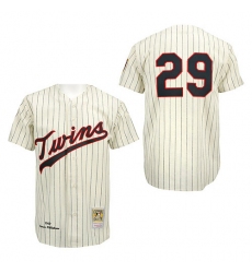 Men's Mitchell and Ness Minnesota Twins #29 Rod Carew Replica Cream/Black Strip Throwback MLB Jersey