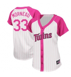 Women's Majestic Minnesota Twins #33 Justin Morneau Authentic White/Pink Splash Fashion MLB Jersey